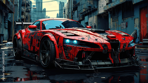 a futuristic red sports car is seen in a city street. Fantasy concept , Illustration painting.