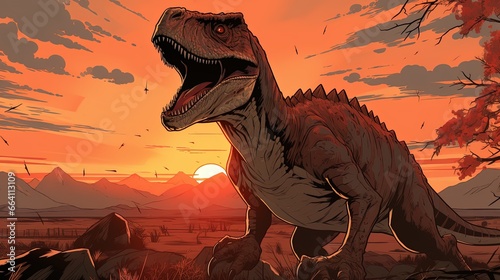 a dinosaur is walking in a field at sunset. Fantasy concept , Illustration painting.