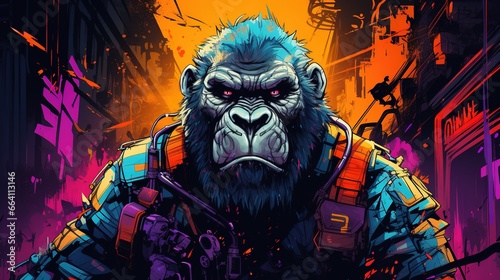 a cyberpunk gorilla in a city. Fantasy concept , Illustration painting.