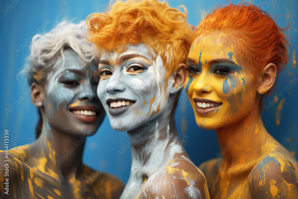 Group of people with their faces painted in vibrant colors. Perfect for events, festivals, and artistic projects.