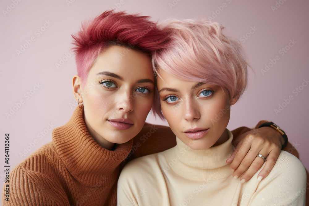 Two women with vibrant pink hair striking pose for photo. Perfect for fashion, beauty, or lifestyle content. Two women with vibrant pink hair striking pose for photo. Perfect for fashion, beauty, or lifestyle content.