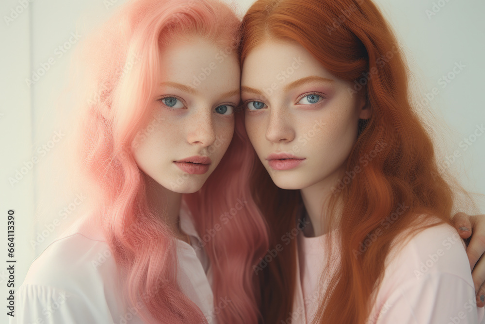 Two girls with vibrant pink hair strike pose for fun and colorful photo. Perfect for fashion, beauty, or youth-oriented projects. Two girls with vibrant pink hair strike pose for fun and colorful photo. Perfect for fashion, beauty, or youth-oriented projects.