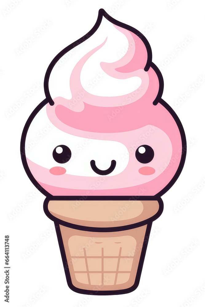 Cute illustration of a strawberry ice cream cone, transparent background (PNG)