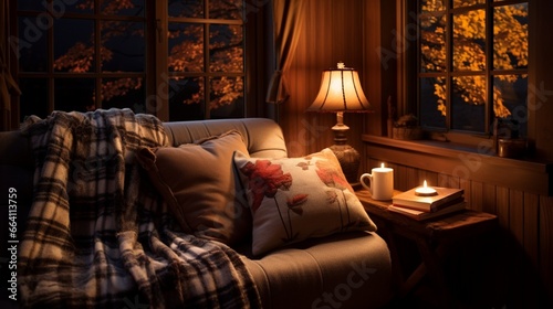 A cozy reading corner with fall-themed pillows and warm lighting, the high-definition camera capturing the inviting and literary atmosphere.