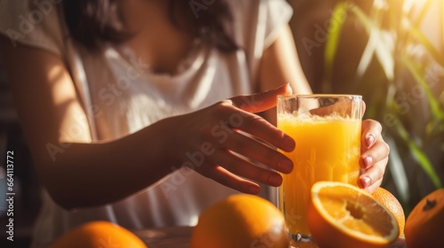 Close up woman hand prepares healthy orange juice in the kitchen at home.