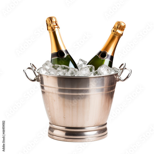Two champagne bottles on metal basket over isolated transparent background