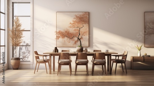 A minimalist dining room with subtle autumnal touches, the HD camera showcasing the clean design with pops of fall colors, creating a modern and seasonal space. © cheena
