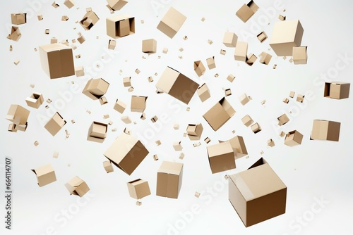 Package boxes falling on a white surface alone. Generative AI