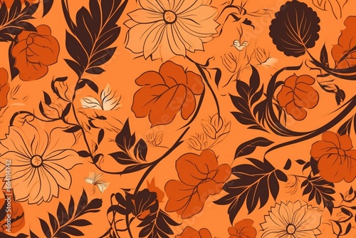 Seamless orange floral backdrop featuring leaf patterns. Generative AI