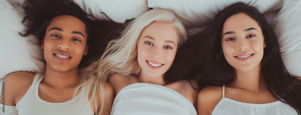 Top view headshot of lesbian trouple lying in bed- Three multi ethnic females sleeping in bed. Polygamic concept - obrazy, fototapety, plakaty 