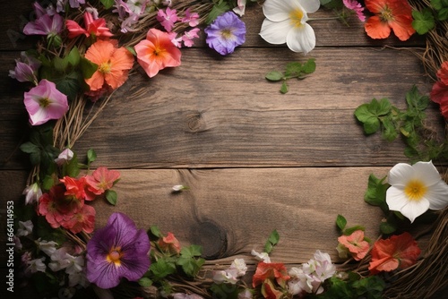 Flowers forming a border frame on a wooden background. Generative AI