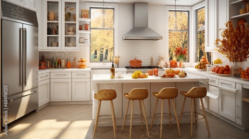 A modern kitchen with autumn-themed accessories  the HD camera showcasing the clean design with pops of fall colors  creating an inviting culinary space.