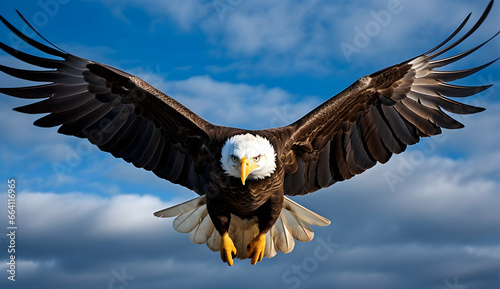 Photo Bald eagle gliding against blue sky and white wispy clouds © artistic