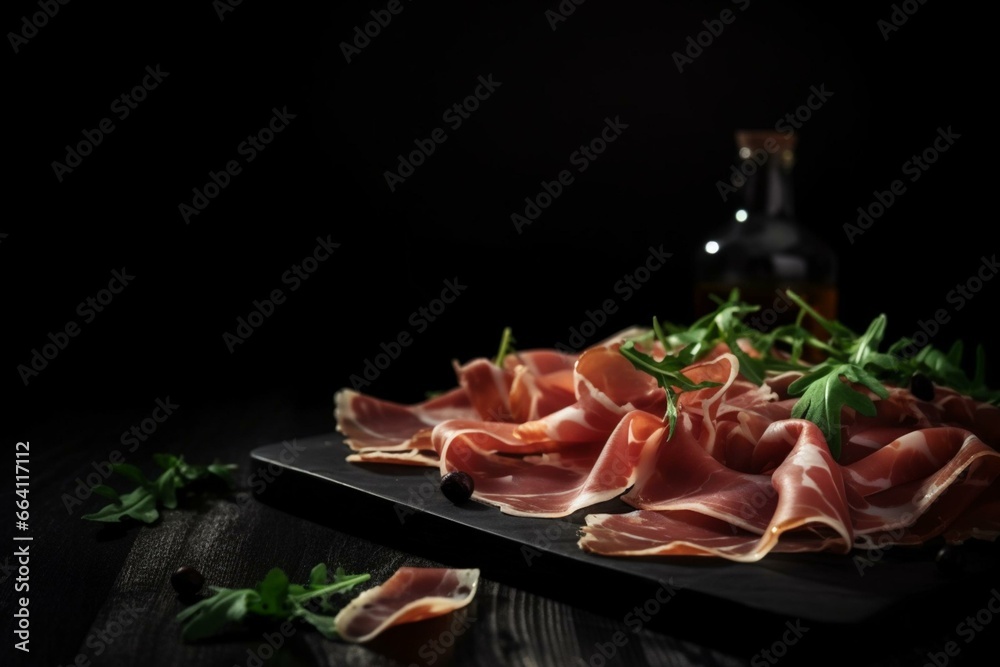 Italian cuisine: thin slices of prosciutto crudo on a dark background. Generative AI