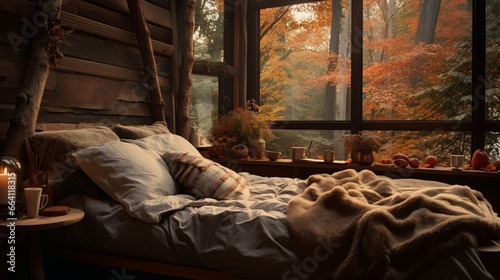 A rustic bedroom with earthy tones, soft blankets, and fall foliage accents, the high-definition camera capturing the serene and autumn-inspired ambiance. © cheena