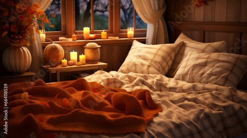 A cozy bedroom with autumn-themed bedding and warm lighting  the HD camera emphasizing the comfort and seasonal charm of this inviting space.