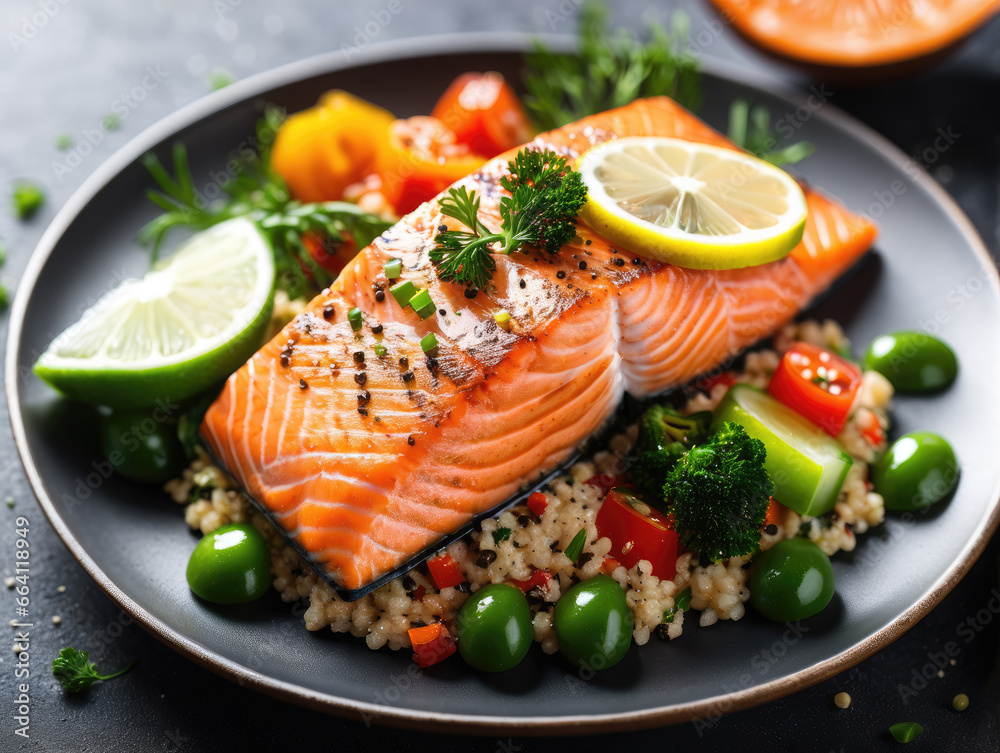 Grilled salmon with quinoa and vegetables. Grilled salmon with quinoa and vegetables.