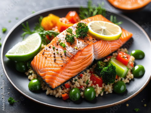 Grilled salmon with quinoa and vegetables.