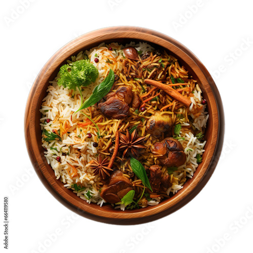 Top view Mutton Biryani on a wooden plate, on a transparent background.