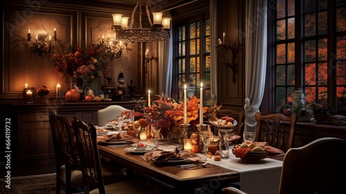 A sophisticated dining room with autumn-inspired table settings and warm lighting  the high-resolution camera capturing the elegant and festive ambiance.