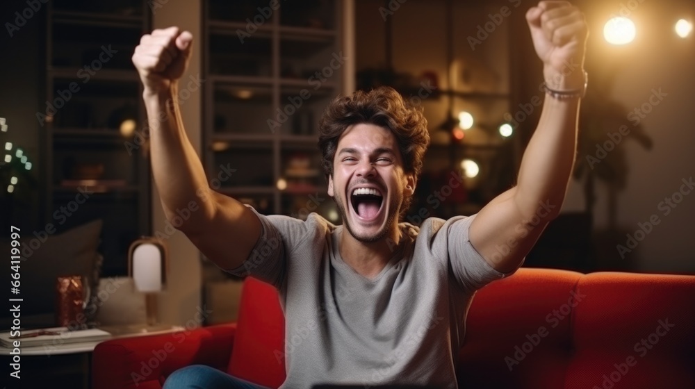 Young happy man raising his arms with fists with joyful face expression like a winner at home. Cheerful man celebrating while watching a sports game on TV. Young happy man raising his arms with fists with joyful face expression like a winner at home. Cheerful man celebrating while watching a sports game on TV.