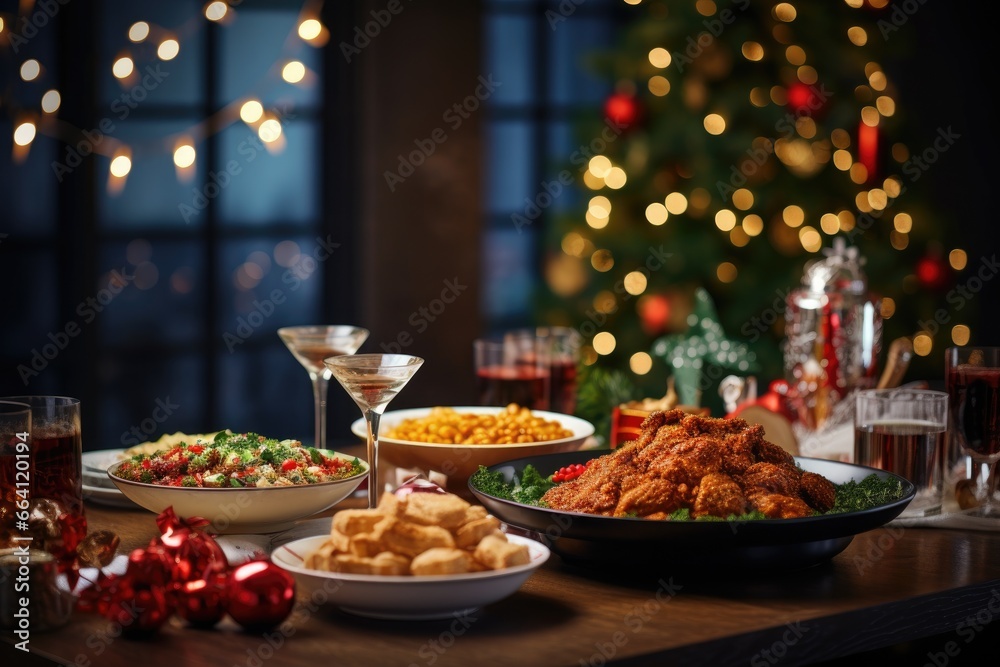 The festive feast set on the table amidst the backdrop of the beautifully adorned Christmas tree