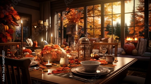 A sophisticated dining room with autumn-inspired table settings and warm lighting, the high-resolution camera capturing the elegant and festive ambiance.
