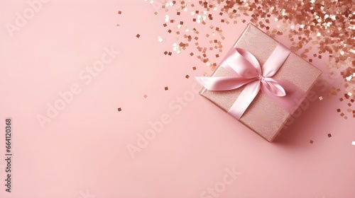 gift box with a bow in gentle pastel colors, against the backdrop of blurry heart shaped lights, background, holiday concept, birthday, New Year, Valentine's Day