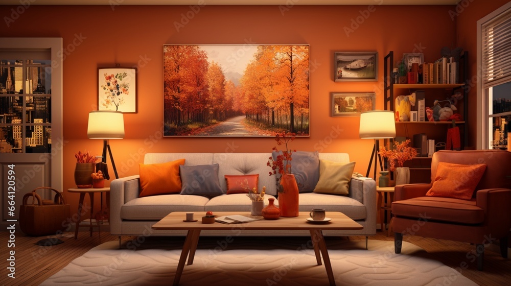 A vibrant and eclectic living room with autumn-themed artwork, cozy throws, and warm lighting, the HD camera showcasing the energetic and cozy atmosphere.