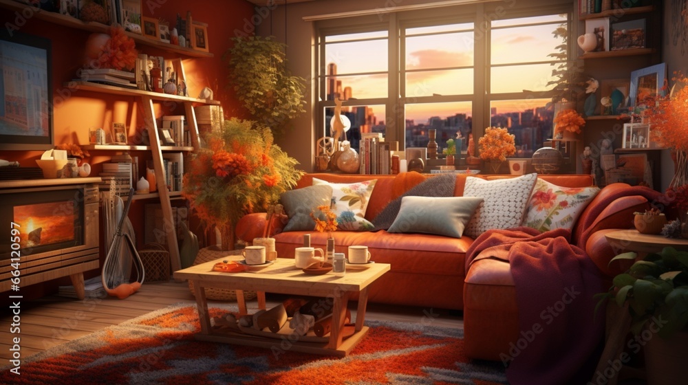 A vibrant and eclectic living room with autumn-themed artwork, cozy throws, and warm lighting, the HD camera showcasing the energetic and cozy atmosphere.