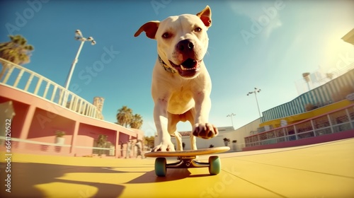 Pit bull dog is skateboarding, dynamic and a skillful pit bull skateboarder executing a stylish trick, at Skate pool