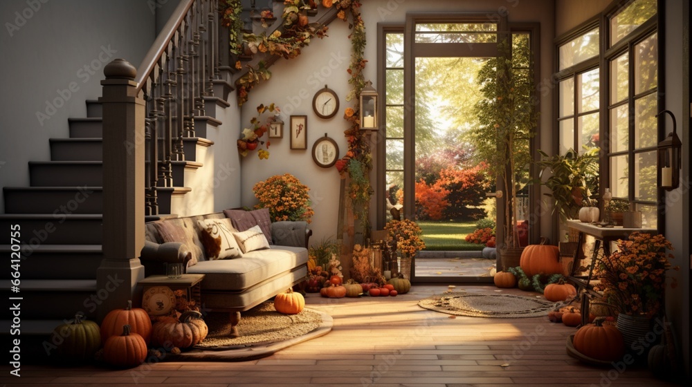 A welcoming entryway with autumnal decor and warm-toned accents, the high-definition camera capturing the inviting and seasonal atmosphere.
