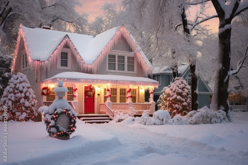 Naklejka premium snow-covered house decorated with festive decor and garlands for Christmas