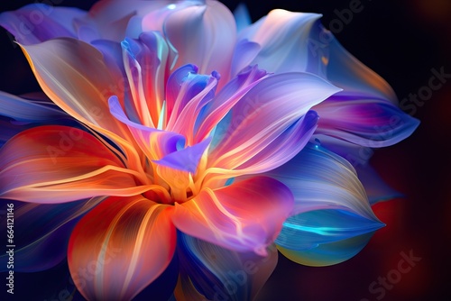 Colorful flower in neon colors on black background.  Abstract multicolor floral backdrop with copy space. Magic fantasy flower © ratatosk