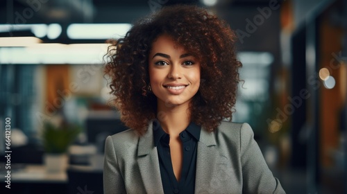 Cheerful businesswoman with curly hair smiling in office