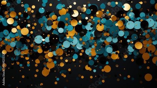 A black background with gold and blue circles