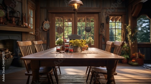 A dining room table with a potted plant on top of it