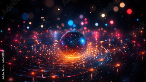 An abstract image of a sphere surrounded by colorful lights