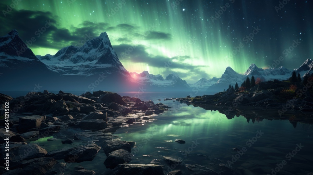 A mountain range with a lake in the foreground and a green and red aurora