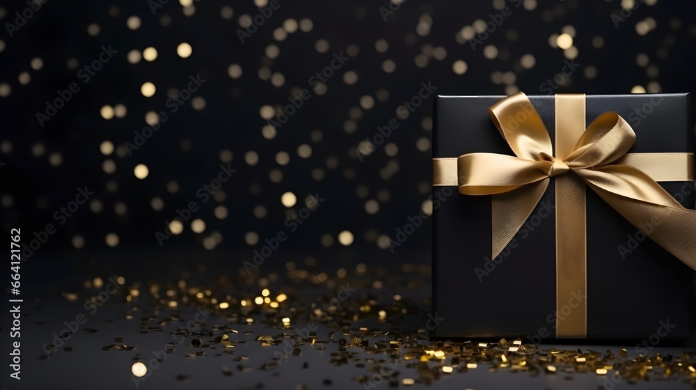 black gift box with bow. black background, holiday concept, birthday, New Year, Valentine's Day black gift box with bow. black background, holiday concept, birthday, New Year, Valentine's Day
