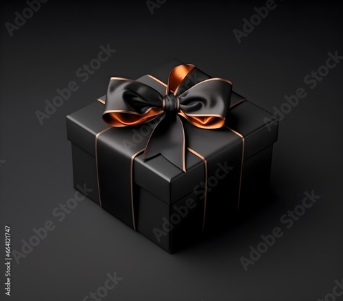 black gift box with bow. black background, holiday concept, birthday, New Year, Valentine's Day