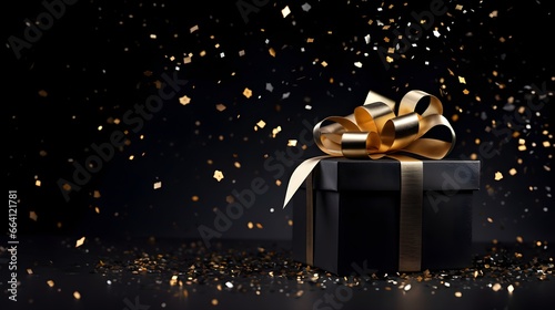 black gift box with bow. black background, holiday concept, birthday, New Year, Valentine's Day © shustrilka