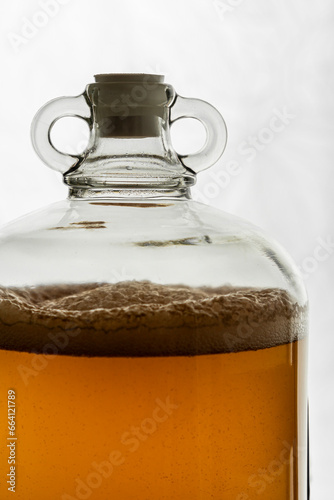 Traditional glass 1 gallon demijohn with beer or cider fermenting inside.
