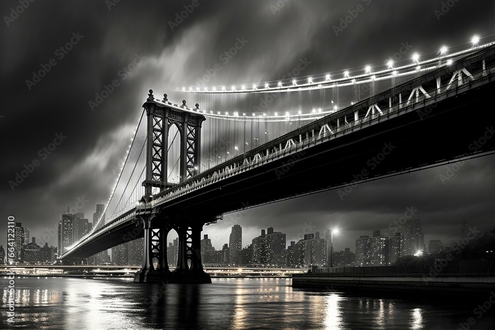 Artistic depiction of the Manhattan Bridge and river in New York City. Generative AI