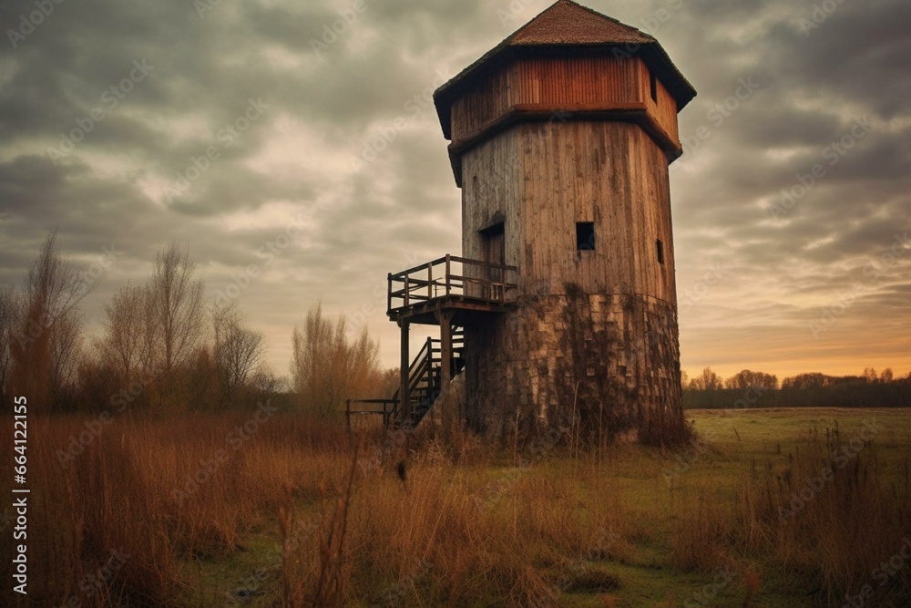 An aged observation tower and a sharp boundary. Generative AI