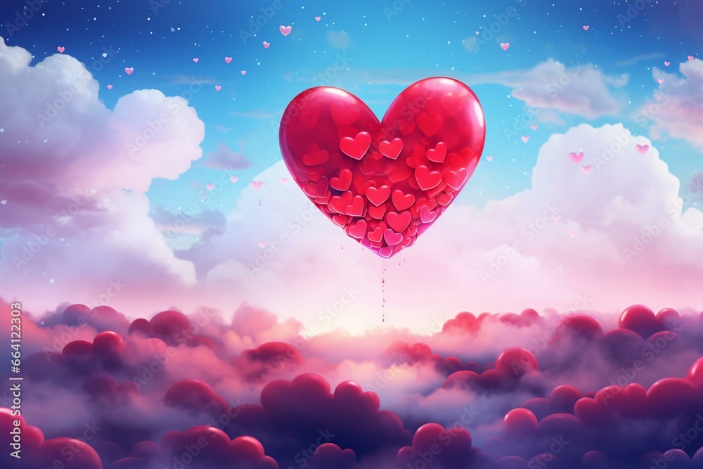Illustration of red heart in the sky representing love, Valentines Day, celebration, and wedding. Generative AI