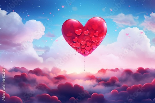 Illustration of red heart in the sky representing love, Valentines Day, celebration, and wedding. Generative AI