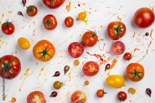 Artistic arrangement of tomato with watercolor patterns on a white backdrop. Aesthetically pleasing display of food. Generative AI