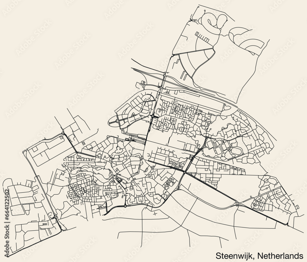 Detailed hand-drawn navigational urban street roads map of the Dutch city of STEENWIJK, NETHERLANDS with solid road lines and name tag on vintage background