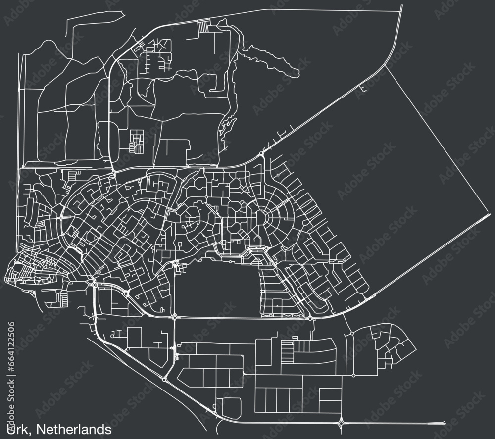 Detailed hand-drawn navigational urban street roads map of the Dutch city of URK, NETHERLANDS with solid road lines and name tag on vintage background